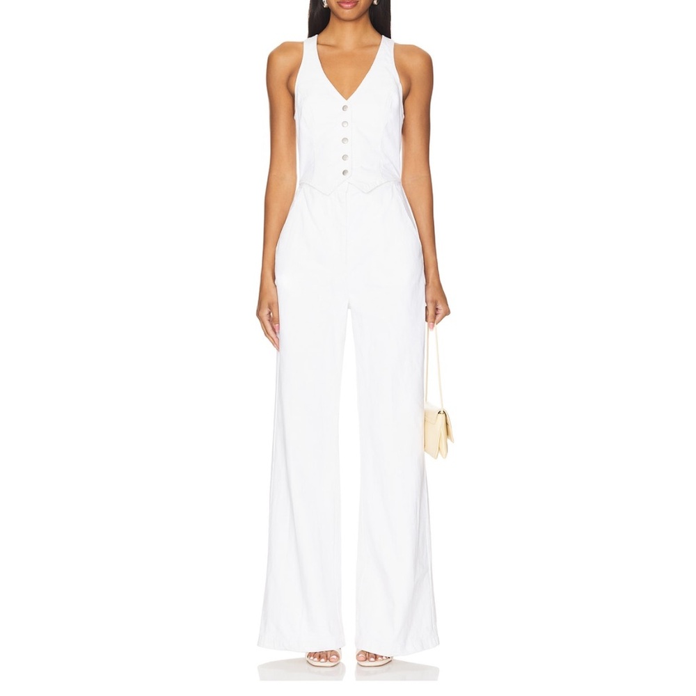 Amanda Uprichard White Sleeveless Ethan Jumpsuit with V-Neck